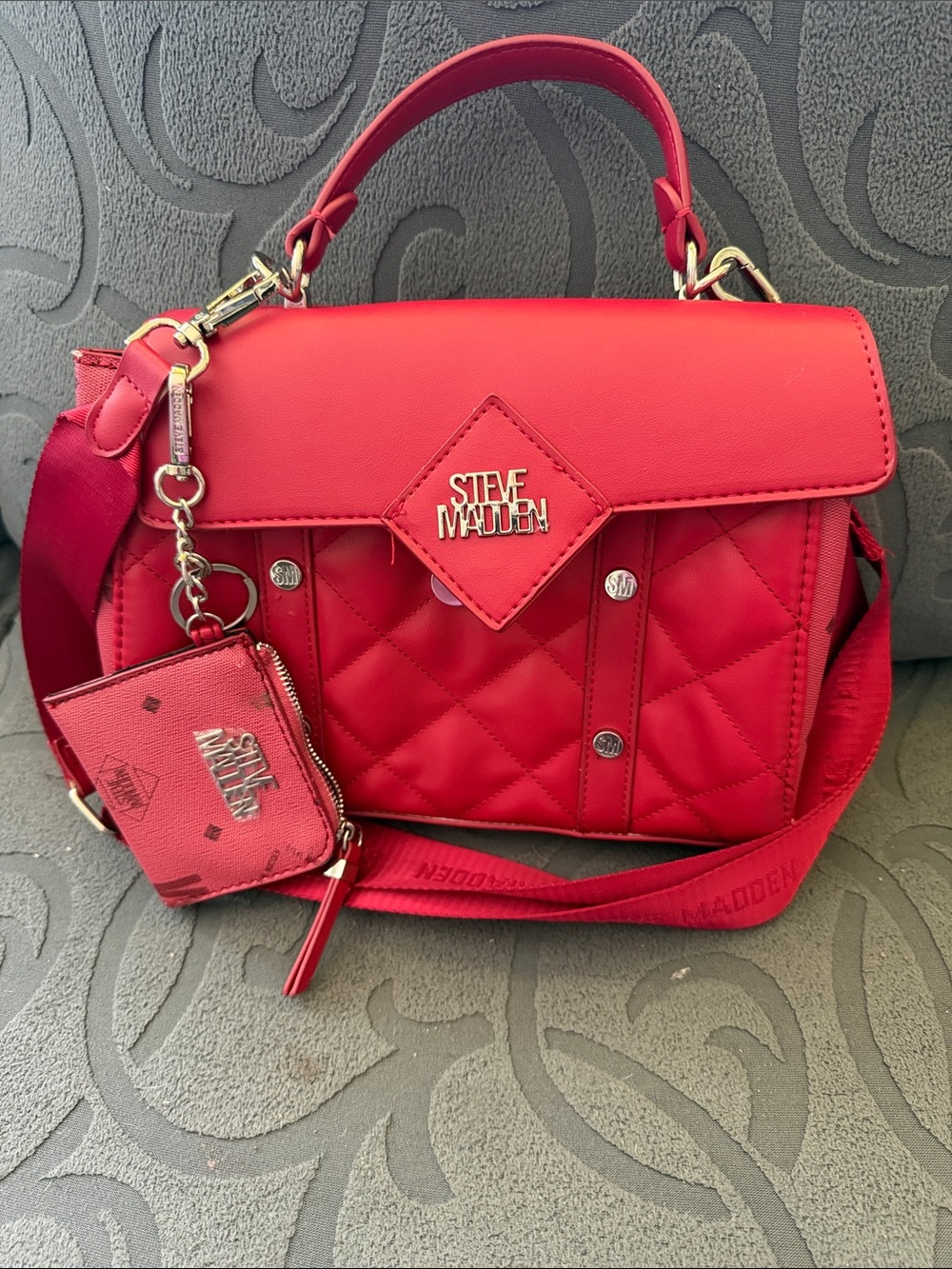 Steve Madden Red Quilted Satchel with Detachable Strap and Coin Pouch